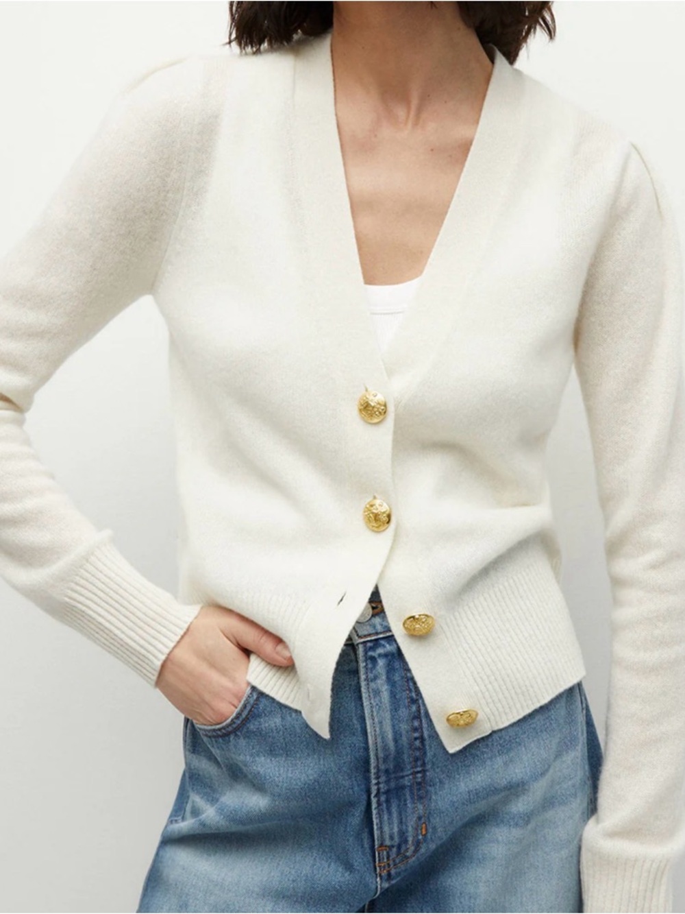 Veronica Beard Solene Cashmere V-Neck Cardigan in Ivory Color with Gold Buttons